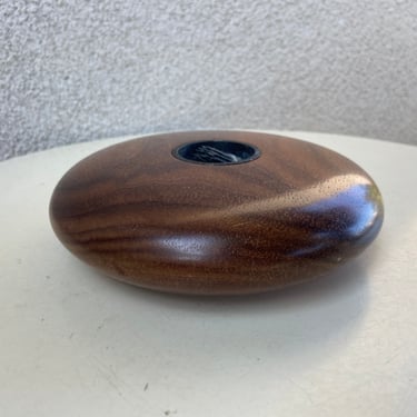 Modern bold brown Wood mahogany round disc style table top ikebana vase frog signed 6” x 1.5” 