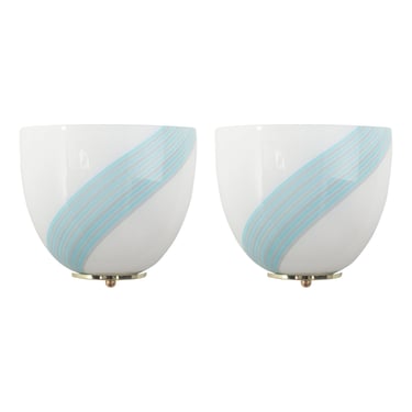 Exquisite Set of 2 Vintage Murano glass wall sconce in milky white glass with filigree decoration, Made in Italy wall lamp 