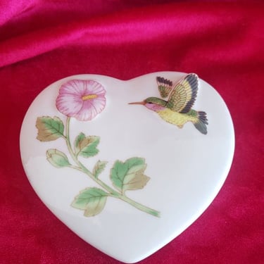 Home Decor Ceramic Heart Dish with lid Pink Pansy flower  Hummingbird Vintage Jewelry Box Springtime Home decor 