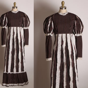 1960s Black, White and Red Long Mutton Sleeve Lace Striped Edwardian Renaissance Full Length Cottagecore Spanish Dress by Tachi Castillo -S 