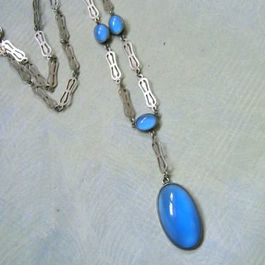 Antique Sterling Art Deco Necklace With Blue Glass Cabochons, Antique Art Deco Necklace, Old Sterling Y Necklace(#4402) 
