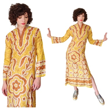 Vintage 60s Caftan Dress in Yellow Brown Psychedelic Print 