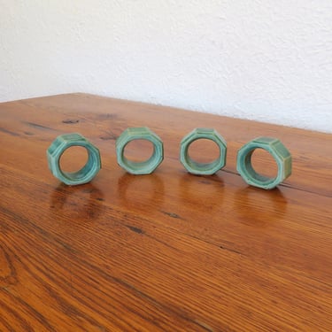 Vintage Celadon Green Stoneware Pottery Napkin Rings Set of 4 Geometric 