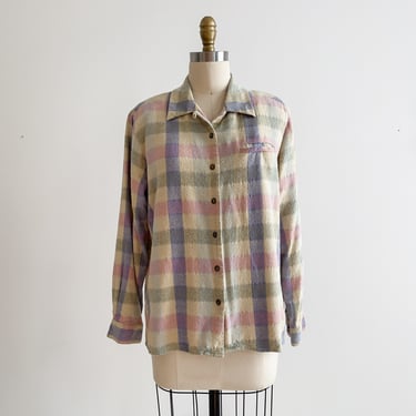 pastel plaid shirt 80s 90s vintage raw silk cottagecore blouse 