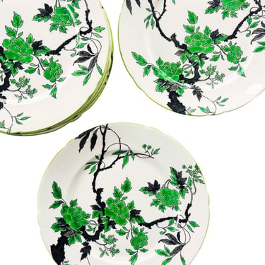 English Bone China Salad Plates by Shelley, "Chippendale" in Green, Set of 8