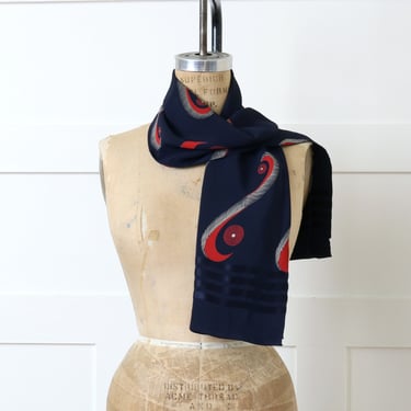 vintage 1930s Art Deco scarf • dark navy blue & red rayon opera scarf with dots and swirls 