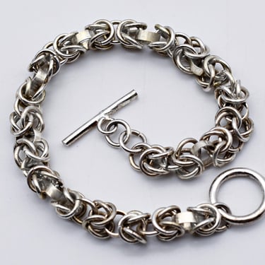 80's 925 silver Byzantine links rocker bracelet, heavy intricate sterling toggle clasp chain 