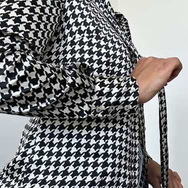 90s Houndstooth Silk Blouse | Vintage Black and White Blouse | Pussy Bow Silk Blouse | Size 8 Medium 