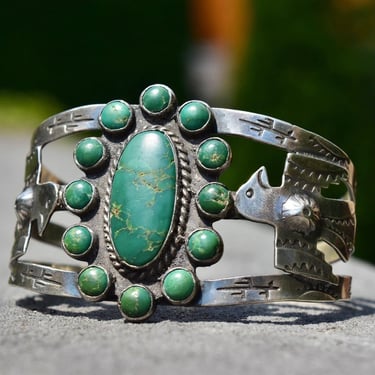 Vintage Native American Coin Silver Turquoise Cuff, Thunderbird Eagle, Hammered Silver Symbols, Green Turquoise, Old Pawn Jewelry, 5 3/4" L 