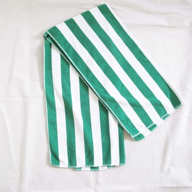 Vintage Striped Green Beach Towel - 1980s Green White Classic Cabana Cotton Pool Towel 
