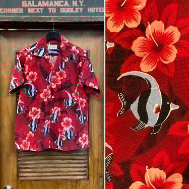 Vintage 1950’s Atomic Fish Floral Tiki Cotton Loop Collar Hawaiian Shirt, Matching Pockets, 50’s Vintage Clothing 