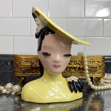 Betty Lou Nichols ErmynTrude 6 3/8" Lady Head Vase | Large Betty Lou Head Vase | Big Angled Hat Yellow Shoulders Hand sculpted feathers Curl 