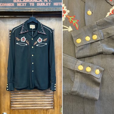 Vintage 1940’s Black Gabardine Western Cowboy Rockabilly Rayon Embroidered Shirt, 40’s Vintage Clothing 