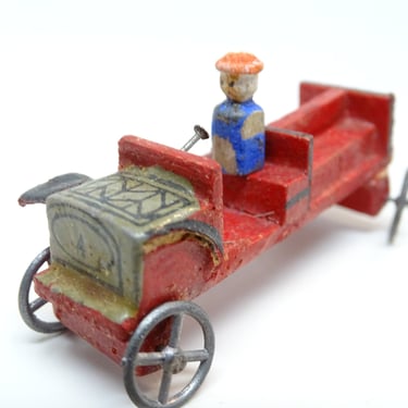 Antique German Erzgebirge Wooden Car, Vintage Toy Auto Vehicle, Metal Wheels 