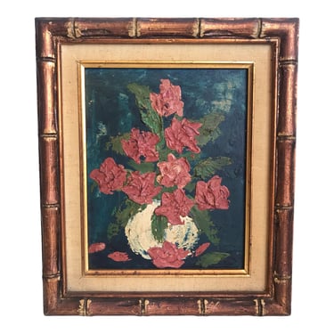 Vintage Original Impasto Poppies Still Life Painting | Faux Bamboo Frame | Botanical Floral Artwork | Gallery Wall Hanging 