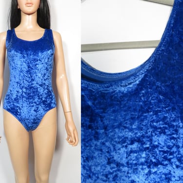 Vintage 80s Blue Crushed Velvet Body Suit Leotard Made In USA Size M 