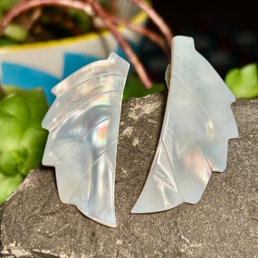 Carved Mother Of Pearl Wing Earrings Vintage Pierced Ear Jewelry Shell Handmade 