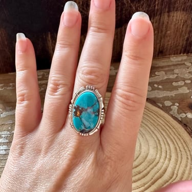 BOLD BLUE NAVAJO Kingman Turquoise and Sterling Silver Ring | Norvin Johnson, N J hallmark | Navajo Native American Southwestern | Size 7 