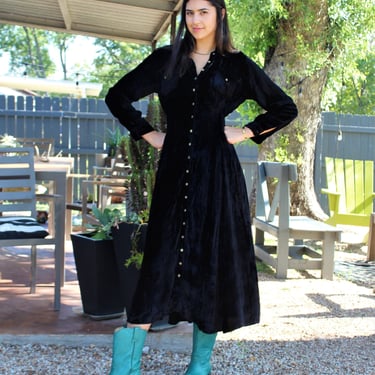 Vintage 1990s Nostalgia Black Crushed Velvet Maxi Dress, Small Women, Western Cowgirl Style 