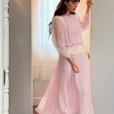 80s Ballet Pink Lace Beaded Sheer Chiffon Party Dress  S M 