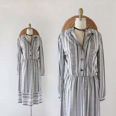 70s shirt dress - m - vintage 1970s black white pattern long sleeve boho hippie geometric dress size medium 8 10 midi 