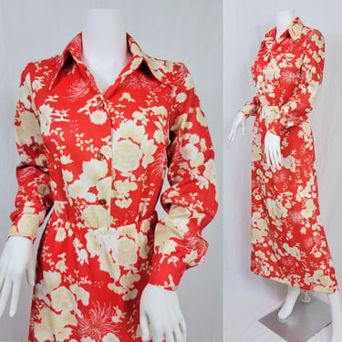 1970's Orange White Floral Print 2 Pc Poly Blouse Maxi Skirt Suit Set I Sz Med I Georgee Originals 