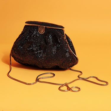 Vintage Small Black Beaded Evening Purse, 1980s Wrist Bag La Regale