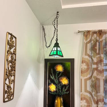 Arts & Crafts Slag Glass Hanging Penant Light 