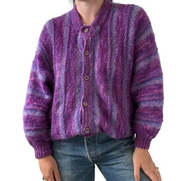 Vintage Hand Knit Purple Wool Mohair Fluffy Oversized Striped Cardigan Sz L 