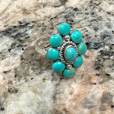 Artisan 9 Stone Turquoise Cluster & Sterling Silver Ring Sz 6 Southwestern 