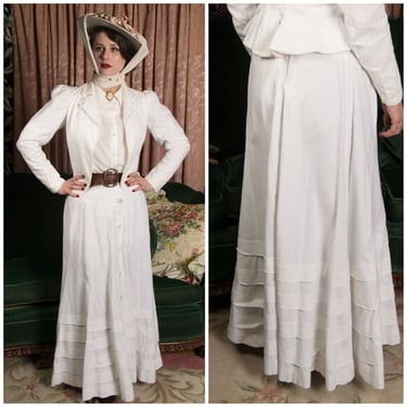 Edwardian Ensemble - Authentic Antique 1910s Paired Heavy White Cotton Day Skirt with Similar Coordinating Open Jacket with Sharp Lapels 