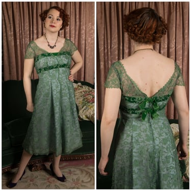 1950s Dress - Chic Vintage 50s Designer Dress by Mary Black in Green Lace with Velvet Trim 