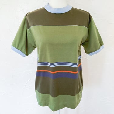 70s Cotton Blue Olive Green Orange Striped Ringer T-Shirt | Large 