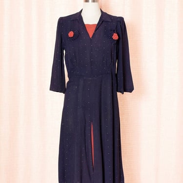 AS-IS *** Vintage 1940s 40s Polka Dot Rayon Printed Navy Blue Flower Appliqué Fit and Flare Cocktail Evening Dress (small) 