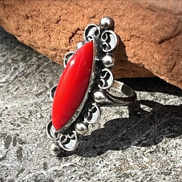 Vintage Mexico Sterling Silver and Elongated Red Stone Ring - Size 6.25 