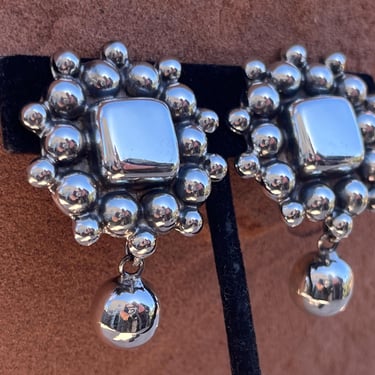 Vintage Mexico Sterling Silver Large Pebbled Clip On Earrings with Square Center Globe Drop Dangle 