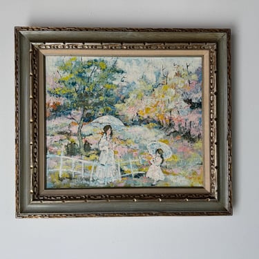 1970's Vintage Impressionist Stroll In The Spring Garden Oil On Canvas Painting, Framed 