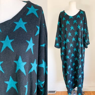 Vintage 1980s Black & Teal Star Novelty Print Sweater Dress / 2XL 3XL plus size 