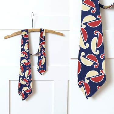 mens vintage 1950s necktie • abstract modernist MCM print in navy blue, yellow & red 