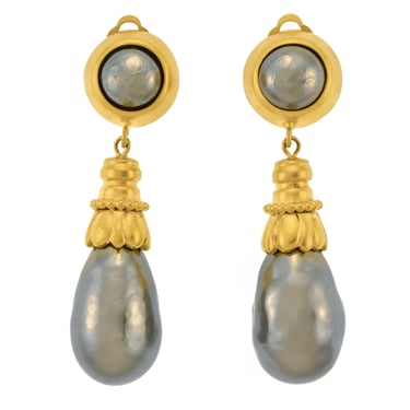 Karl Lagerfeld Vintage Bluish Grey Baroque Pearl Dangling Drop Earrings