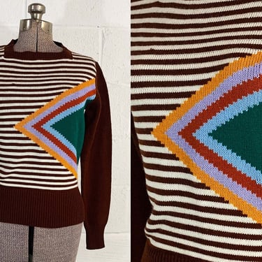 Vintage Striped Long Sleeve Sweater Square Neck Cariknits Jumper Stripe Brown Geometric Geo Unisex Medium 1970s 