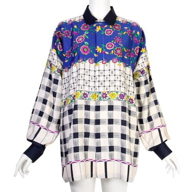 Gianni Versace Vintage 1980s Men's Gingham Floral Mixed Print Cotton Button Up Shirt