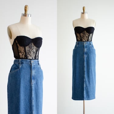 denim midi skirt 80s 90s vintage a-line jean skirt 