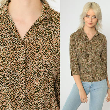 90s Leopard Print Blouse Animal Print Button Up Shirt 3/4 Sleeve Top Retro Cheetah Spot Top Vintage 1990s Small Medium 