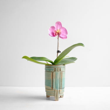 Vintage Small Green Art Pottery Vase, Handmade Celadon Green Footed Vase, Orchid Pot 