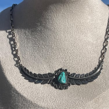 Nila Cook Johnson ~ Vintage Navajo Sterling Silver and Turquoise Feather / Leaf Necklace 