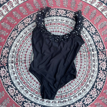Vintage ‘80s Oscar de la Renta swim suit | polka dot organza ruffles, high cut one piece bathing suit, S/M 