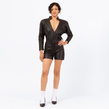 Vintage 80s Black Leather Biker Chic Romper - Small | V Neck Belted Short Moto Jumpsuit, Futuristic Goth Punk Outfit 