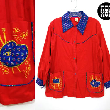 Retro Vintage 60s 70s Red Cotton Smock Shirt with Embroidered Painter Pockets 