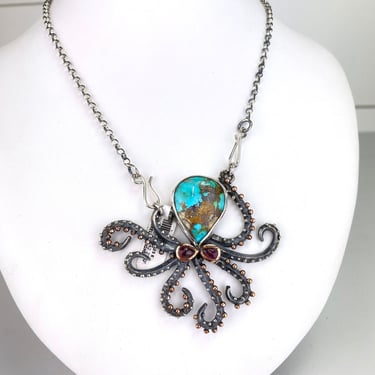 Artisan Turquoise Sterling Silver Octopus Pendant Necklace 22